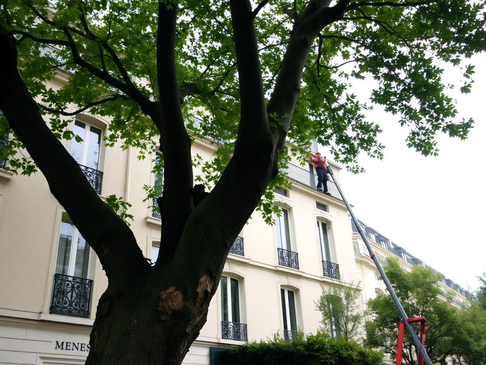 Élagage d'un platane devant un immeuble haussmannien à Paris